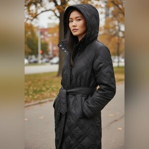Jones New York Black Quilted Hooded Belted Puffer Coat